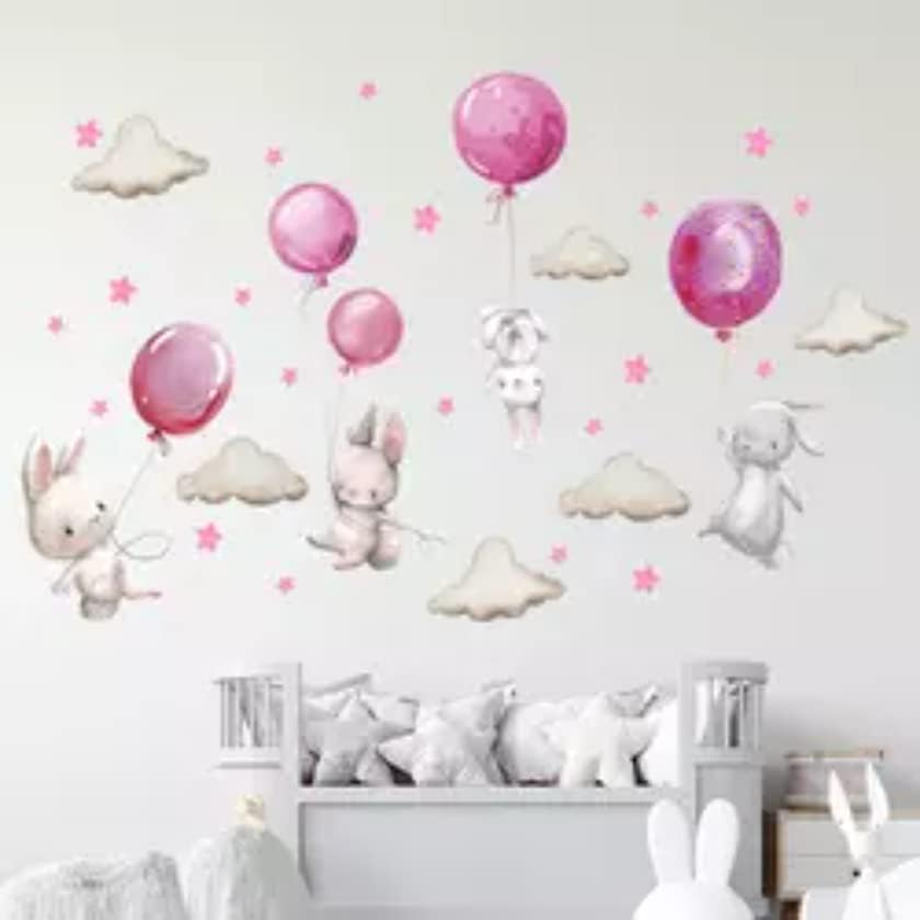 Wall Decal Pink Balloon Rabbit Decal, Kids Bedroom Wall Decorative for Perfect Design on Bedroom Walls