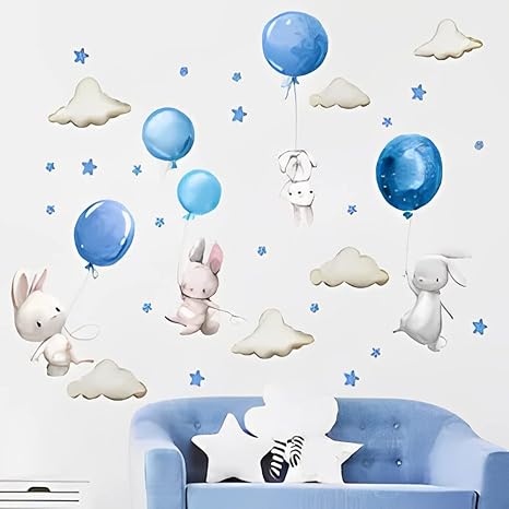 Wall Decal Blue Balloon Rabbit Decal Kids Bedroom Wall Decorative for Perfect Design on Bedroom Walls