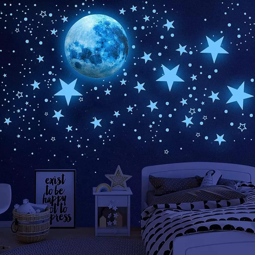 Moon and Stars Glow in The Dark for Childrens Wall for The Bedroom and Nursery Decal Self Adhesive Wall Stickers